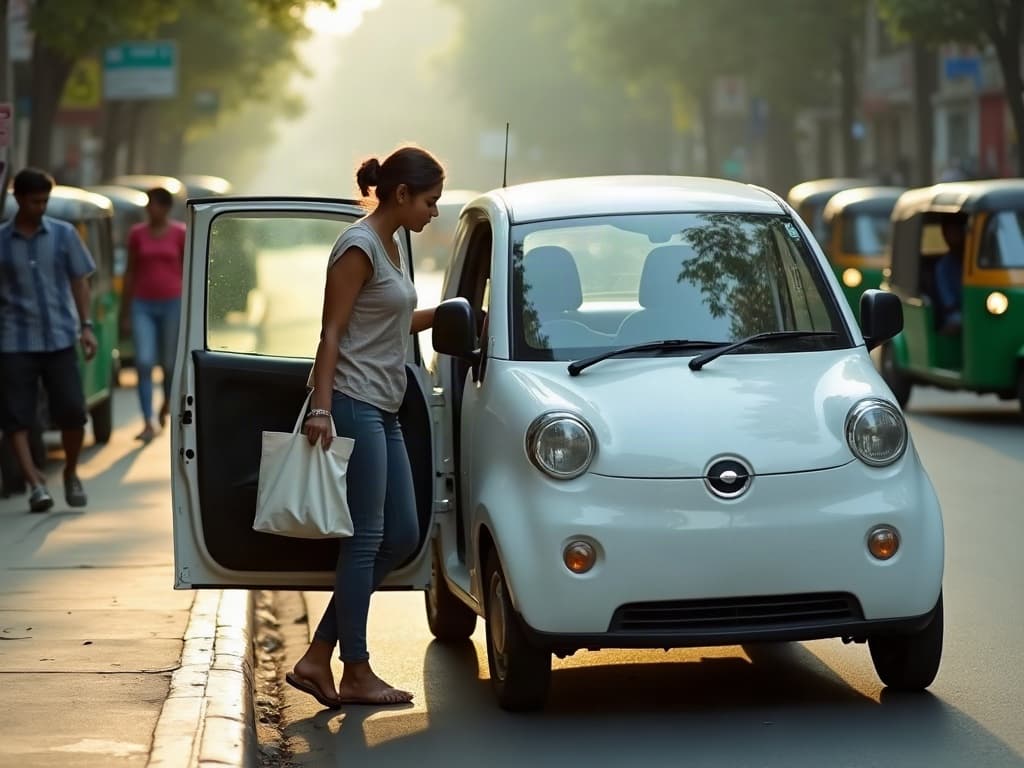 A traveller steps into a white electric taxi at the kerb, with auto rickshaws behind.